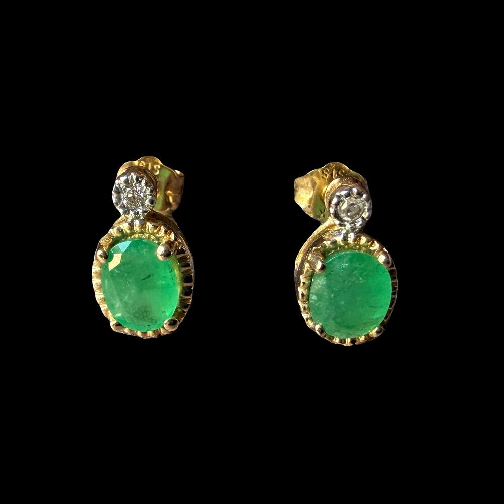 Vintage 14k Solid Gold Natural Diamond and Emerald Earrings - Picture 2 of 4